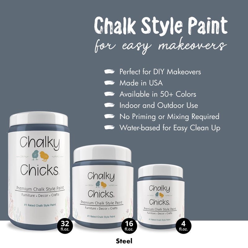 Chalky Chicks All-in-One Chalk Paint for Furniture or Cabinet - 32 Fl Oz - Matte Finish Blue Steel (Blue Gray) for Metal, Wood Furniture Paint - No Sanding All-in-One for Home Decor & Crafts, USA Made - Image 2